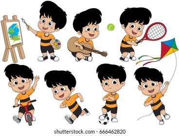 Set of kid activity,kid painting a picture,playing a guitar,playing a tennis,riding a bicycle,running,playing a soccer,playing a kite.vector and illustration.