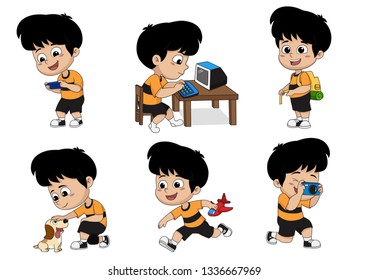 Set of kid activity,kid playing a game on phone,playing a computer,the luggage to travel,playing a dog,playing a toys,take a photo. Vector and illustration.