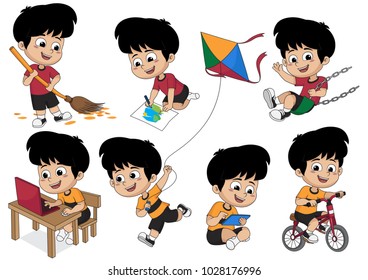 Set Of Kid Activity,kid Sweeping A Leaf,painting A Picture,playing On Swing,playing A Computer,riding A Bicycle,playing A Kite.vector And Illustration.