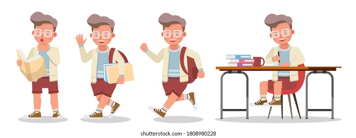 Set of kid boy character vector design. Presentation in various action with emotions.