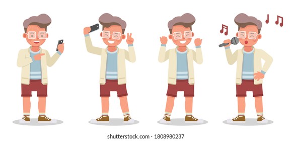 Set of kid boy character vector design. Presentation in various action with emotions.