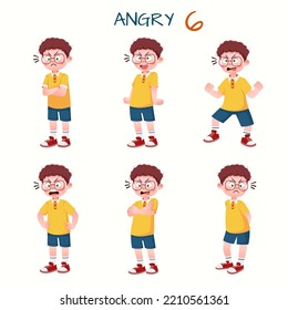 Set of kid boys showing angry expressions.Vector illustration.