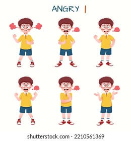 Set of kid boys showing angry expressions.Vector illustration.