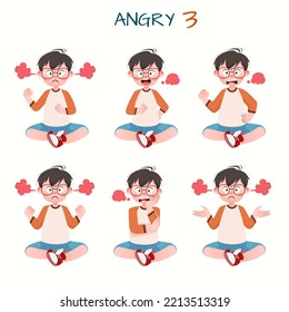 Set of kid boys showing angry expressions.Vector illustration.