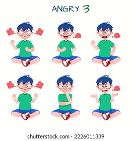 Set of kid boys showing angry expressions.Vector illustration.