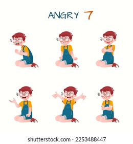 Set of kid boys showing angry expressions.Vector illustration.
