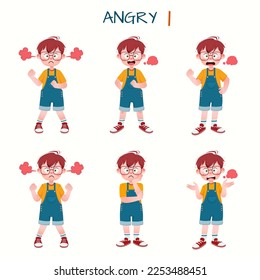 Set of kid boys showing angry expressions.Vector illustration.