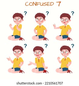 Set of kid boys showing confused expressions.Vector illustration.