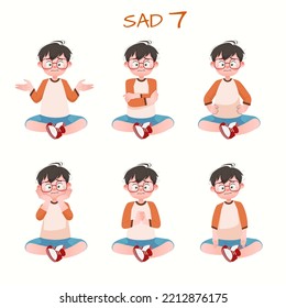 Set of kid boys showing sad expressions.Vector illustration.