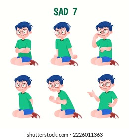 Set of kid boys showing sad expressions.Vector illustration.