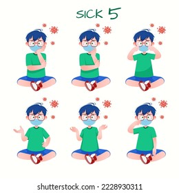 Set of kid boys showing sick expressions.Vector illustration.