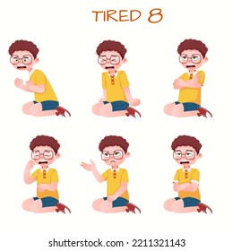 Set of kid boys showing tired expressions.Vector illustration.