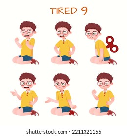 Set of kid boys showing tired expressions.Vector illustration.