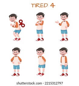 Set of kid boys showing tired expressions.Vector illustration.