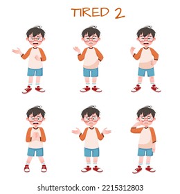 Set of kid boys showing tired expressions.Vector illustration.