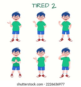 Set of kid boys showing tired expressions.Vector illustration.