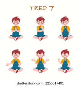 Set of kid boys showing tired expressions.Vector illustration.