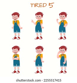 Set of kid boys showing tired expressions.Vector illustration.