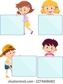 Set of kid cartoon character with empty board illustration