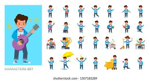 Set of kid character vector design. Boy wear blue shirt and playing. Presentation in various action with emotions, running, standing and walking. 