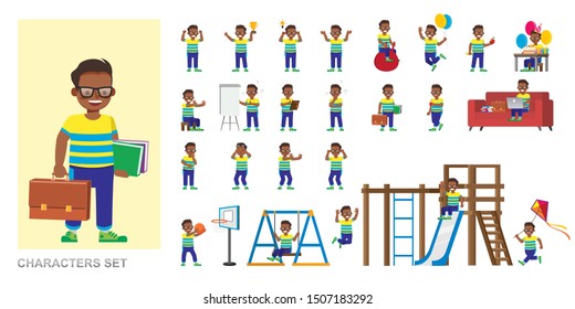 Set of kid character vector design. Boy wear yellow T-shirt and playing. Presentation in various action with emotions, running, standing and walking. 