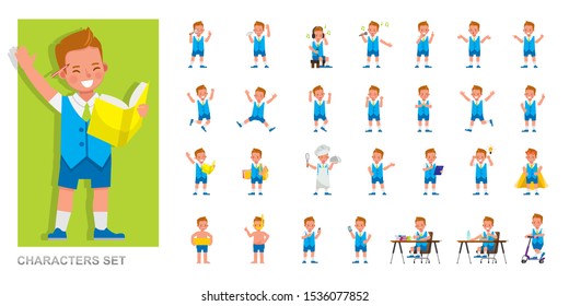 Set of kid character vector design. Boy wear blue suit and playing. Presentation in various action with emotions, running, standing and walking. 