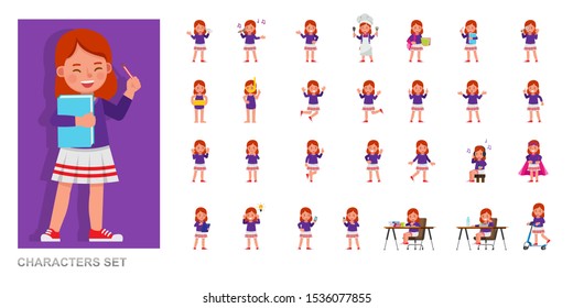 Set of kid character vector design. Girl wear purple T-shirt and playing. Presentation in various action with emotions, running, standing and walking. 