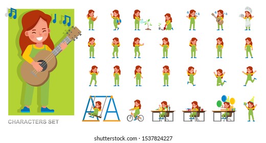 Set of kid character vector design. Girl wear green dungarees and playing. Presentation in various action with emotions, running, standing and walking. Set of kid character vector design. Girl wear green dungarees and playing. Presentation in various action with emotions, running, standing and walking.