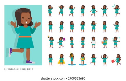 Set of kid character vector design. Girl wear green T-shirt and playing. Presentation in various action with emotions, running, standing and walking. 