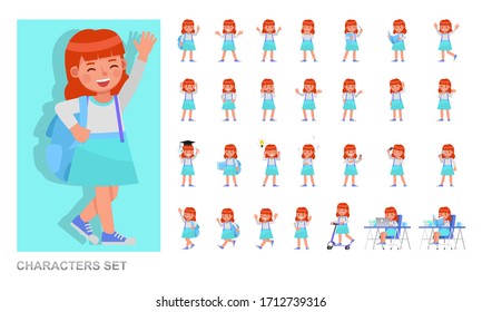 Set of kid character vector design. Girl wear white T-shirt and playing. Presentation in various action with emotions, running, standing and walking. 