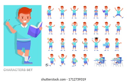 Set of kid character vector design. Boy wear blue shirt and playing. Presentation in various action with emotions, running, standing and walking. 