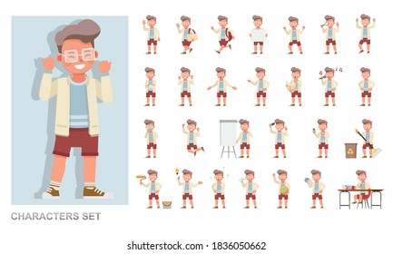 Set of kid character vector design. Boy wear yellow jacket and playing. Presentation in various action with emotions, running, standing and walking. 