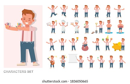 Set of kid character vector design. Boy wear red shirt and playing. Presentation in various action with emotions, running, standing and walking. 