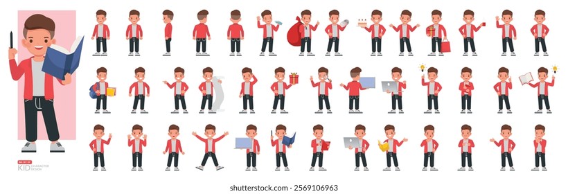 Set of kid character vector design. Boy wear red jacket. Presentation in various action with emotions, running, standing and walking.