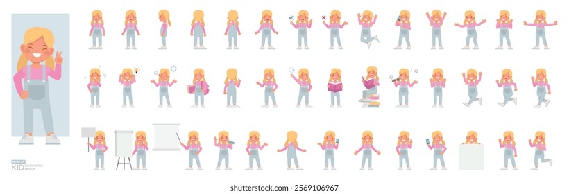 Set of kid character vector design. Girl wear blue denim jumpsuit. Presentation in various action with emotions, running, standing and walking.