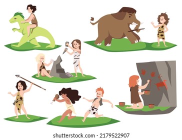 Set of kid characters dressed in animal skins in different situations flat style, vector illustration isolated on white background. Children painting, playing with mammoth Stone age concept