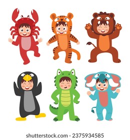 Set of Kid Costume Character Isolated Element Objects with Penguin, Tiger, Lion, Crocodile, Crab and Elephant. Flat Style Icon Vector Illustration