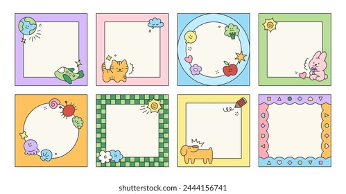 Set of kid cute frame sheets with childish elements.  Children post template. Simple scribble vector elements of social media post with dog, planet, star, pencil, cloud, flower, frame, arrow, stroke.