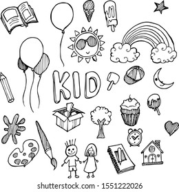 Set of Kid Drawing illustration Hand drawn doodle Sketch line vector