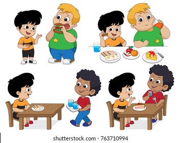 Set of Kid eating delicious food with friends.Vector and illustration.