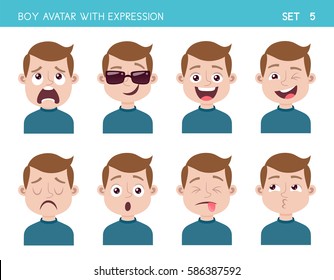 Set of kid facial emotions. Boy cartoon style character with different expressions. Vector illustration. Set five of six.