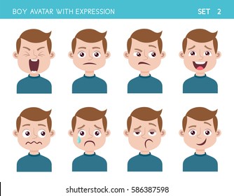 Set of kid facial emotions. Boy cartoon style character with different expressions. Vector illustration. Set two of six.