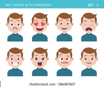 Set Of Kid Facial Emotions. Boy Cartoon Style Character With Different Expressions. Vector Illustration. Set Three Of Six.