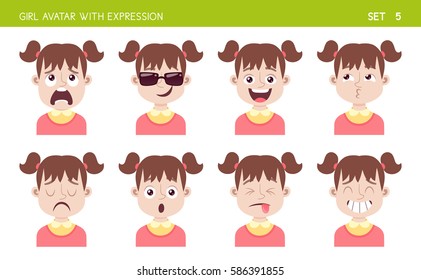 Set of kid facial emotions. Girl cartoon style character with different expressions. Vector illustration. Set five of six.