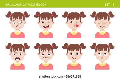 Set of kid facial emotions. Girl cartoon style character with different expressions. Vector illustration. Set six of six.