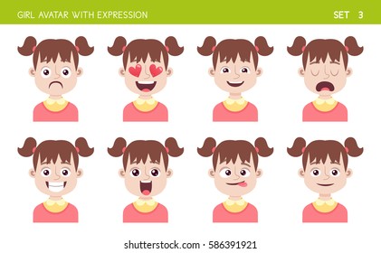 Set of kid facial emotions. Girl cartoon style character with different expressions. Vector illustration. Set three of six.