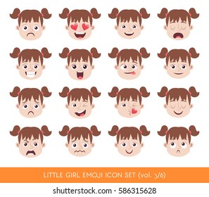 Set of kid facial emotions. White girl face with different expressions. Vector illustration in cartoon style.