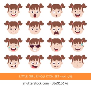 Set of kid facial emotions. White girl face with different expressions. Vector illustration in cartoon style.