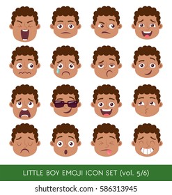 Set Of Kid Facial Emotions.Black Boy Face With Different Expressions. Vector Illustration In Cartoon Style.