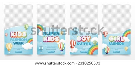 Set of kid fashion sale square banner template. kids poster offer promotion discount with 3d rainbow and balloon on sky background for online shopping, baby clothes shop, flyer, web, social media post
